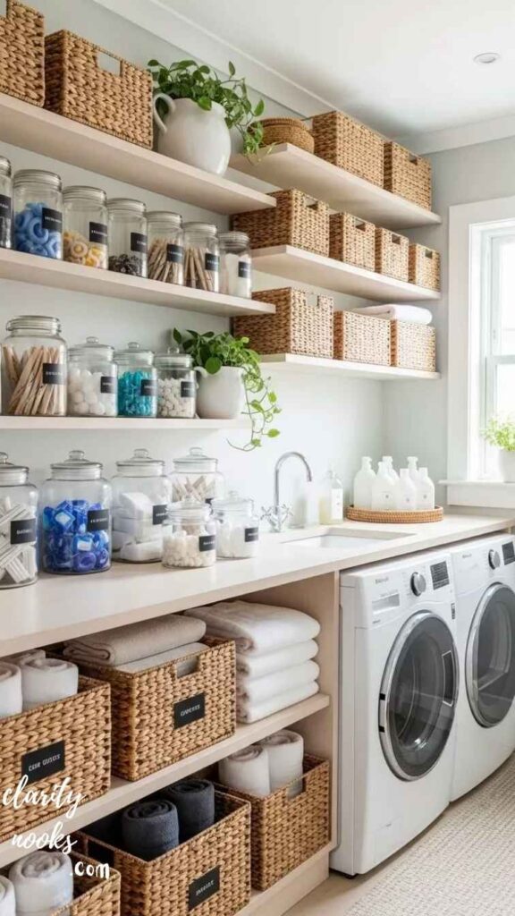 Add Open Shelving with Labeled Bins and Baskets