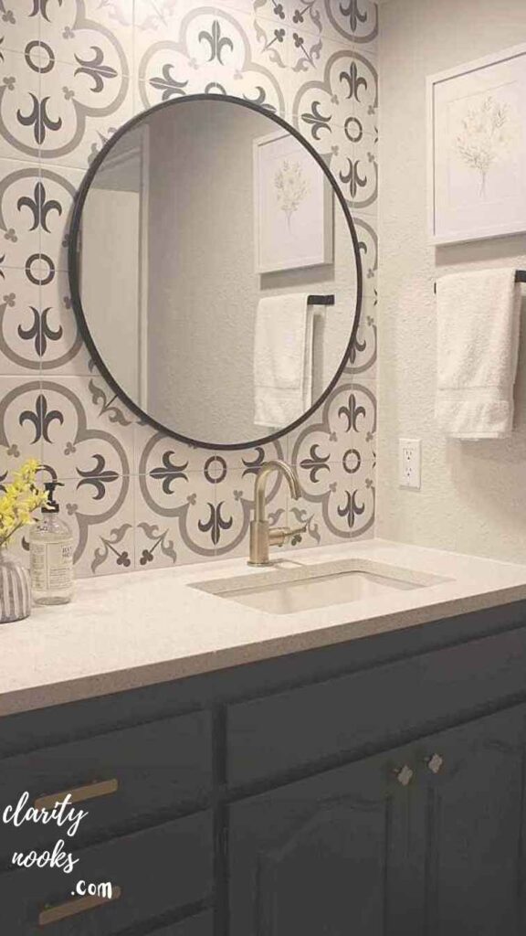 Geometric Tile Backsplash Behind the Vanity